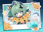  1girl 1other animal_ears anya&#039;s_heh_face_(meme) blue_eyes book book_on_head chibi chinese_clothes chinese_commentary chinese_text flag fox_ears fox_girl fox_tail ghost green_hair honkai:_star_rail honkai_(series) huohuo_(honkai:_star_rail) long_hair meme object_on_head official_art open_mouth paper_airplane paper_doll tail tail_(honkai:_star_rail) yin_yang 