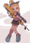  1girl absurdres artist_name bangs black_hairband black_shorts blonde_hair blue_footwear blunt_bangs blush blush_stickers closed_eyes closed_mouth commentary_request e-liter_4k_(splatoon) grey_background gun hairband high_ponytail highres holding holding_gun holding_weapon iguana152588 layered_sleeves long_sleeves octoling octoling_girl pink_shirt ponytail shirt shoes short_over_long_sleeves short_ponytail short_shorts short_sleeves shorts sidelocks simple_background smile sneakers solo splatoon_(series) splatoon_2 t-shirt tentacle_hair two-tone_background weapon white_background white_shirt 