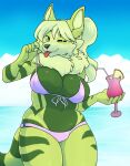  2019 anthro arcanine beverage big_breasts bikini biped blue_sky breasts canid canine chubby_anthro chubby_female clothed clothing cloud cocktail_garnish countershade_face countershade_fur countershade_torso countershading digital_media_(artwork) female front-tie_bikini fur generation_1_pokemon green_body green_eyes green_fur green_hair hair hi_res holding_beverage holding_cocktail holding_object looking_at_viewer mammal markings nintendo one_eye_closed outside pokemon pokemon_(species) red_tongue shaded sky solo striped_body striped_fur striped_markings striped_tail stripes swimwear tail tail_markings tensai tongue tongue_out wink winking_at_viewer zyira 