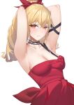  1girl absurdres armpits arms_up bare_shoulders black_choker blonde_hair breasts choker cleavage dress hair_ribbon highres long_hair looking_at_viewer medium_breasts orange_eyes original red_dress red_ribbon ribbon serelith simple_background single_strap solo upper_body white_background 