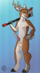  absurd_res anthro antlers axe balls deer digital_media_(artwork) erection genitals hi_res horn looking_at_viewer male mammal marvelous_managerie penile penis simple_background smile solo solo_focus tail tongue tongue_out weapon 