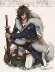  1boy artist_name belt blue_coat blue_eyes brown_hair coat dark-skinned_male dark_skin fur_trim grass hair_over_one_eye highres kneeling long_sleeves looking_at_viewer lukas_bergamot male_focus pixiv_fantasia pixiv_fantasia_last_saga pouch sandals sheath sheathed solo sword thigh_strap tozakuro_s weapon white_background 