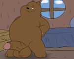  anthro balls bear bed bedroom big_balls big_penis bodily_fluids brown_bear camp14 cartoon_network chubby_anthro chubby_male furniture genital_fluids genitals grizzly_(wbb) grizzly_bear hi_res humanoid_genitalia humanoid_penis male mammal penis precum solo ursine we_bare_bears window 