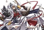  1boy asuka_r._kreutz black_gloves blue_eyes book cross detached_cape dong_hole gloves grimoire guilty_gear guilty_gear_strive hair_between_eyes highres hood hood_up one_eye_covered open_book pants paper robe short_hair solo white_hair white_pants white_robe wide_sleeves 