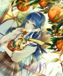  1girl :o blue_hair blunt_bangs braid brown_dress cocosuke collared_shirt cowboy_shot dress dutch_angle food french_braid fruit fruit_tree green_eyes hair_ribbon hair_rings hat highres holding holding_food holding_fruit leaf light_blush long_hair looking_at_viewer orange_(fruit) orange_slice original pinafore_dress plaid plaid_dress ribbon ribbon_braid shirt sideways_glance sleeveless sleeveless_dress sleeves_past_elbows solo spaghetti_strap standing straw_hat tree unworn_hat unworn_headwear water_drop white_shirt yellow_ribbon 