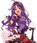  1girl covered_navel cowboy_shot detached_sleeves english_text fingerless_gloves fingernails gloves hair_intakes hairband happy_birthday highres leotard light_blush long_fingernails long_hair looking_at_another mixed-language_commentary planted purple_gloves purple_hair purple_leotard red_eyes red_hairband shikei smile solo sword sword_art_online v weapon white_background yuuki_(sao) 