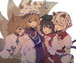  4girls :3 ^_^ absurdres animal_ears animal_hat blonde_hair bow bowtie breasts bright_pupils brown_eyes brown_hair cat_ears cat_girl cat_tail chen closed_eyes dress fox_ears fox_girl fox_shadow_puppet fox_tail gold_trim goutokuji_mike hair_between_eyes hand_up hat highres kitsune kudamaki_tsukasa kyuubi large_breasts looking_at_another looking_at_viewer middle_finger mob_cap multicolored_hair multiple_girls multiple_tails nekomata open_mouth perfect_cherry_blossom puffy_short_sleeves puffy_sleeves red_dress romper shirt short_hair short_sleeves simple_background small_breasts sokura_(mochichitose) streaked_hair sweat tabard tail tassel touhou unconnected_marketeers white_background white_bow white_bowtie white_pupils white_shirt yakumo_ran 