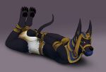  anthro anubian_jackal ball_gag bdsm big_ball_gag black_body black_fur blush bodily_fluids bondage bound breast_squish breasts canid canine canis diaper ear_piercing ear_ring egyptian egyptian_headdress embarrassed feces female fetish-art fur gag genital_fluids gold_ear_ring gradient_background grey_eyes hogtied jackal lying mammal messy_diaper on_front piercing raised_tail restrained restraints ring_piercing rope rope_bondage simple_background soiling solo squish tail urine wet_diaper wetting 