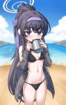  1girl :d absurdres beach bikini black_bikini black_hair blue_archive blue_sky blurry blush bow breasts cardigan cleavage cloud cloudy_sky coffee_mug commentary_request cup depth_of_field grey_cardigan groin hair_between_eyes hair_bow hair_ribbon hairband halo highres holding holding_cup horizon jewelry long_hair long_sleeves looking_at_viewer mug navel necklace ocean official_alternate_costume official_alternate_hairstyle open_cardigan open_clothes outdoors pendant ponytail purple_eyes ribbon sidelocks sky sleeveless small_breasts smile solo ssalyun stomach sweatdrop swimsuit ui_(blue_archive) ui_(swimsuit)_(blue_archive) 