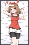  ! 1girl absurdres arm_up bare_arms bike_shorts bike_shorts_under_shorts blush border bow_hairband breasts brown_hair eyelashes from_above grey_border grey_eyes hairband hand_up highres looking_at_viewer lying may_(pokemon) on_back open_mouth pokemon pokemon_(game) pokemon_oras red_hairband red_shirt shabana_may shirt short_shorts shorts sleeveless sleeveless_shirt solo tearing_up white_shorts 