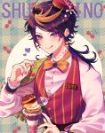  1boy :q absurdres ahoge black_hair blonde_hair blue_background blush bow bowtie brooch brown_background buttons character_name cherry closed_mouth commentary earrings english_commentary eyelashes fingernails food food-themed_earrings frilled_sleeves frills fruit gem hand_up hat hat_ribbon heart highres holding holding_food initial jewelry licking_lips long_fingernails long_hair long_sleeves looking_at_viewer male_focus mini_hat mochigome_(yum) multicolored_hair nail_polish name_tag nijisanji nijisanji_en orange_bow orange_bowtie parfait parted_bangs pink_hair plaid plaid_background pudding pudding_earrings purple_eyes purple_gemstone purple_hair purple_nails red_headwear red_vest ribbon sharp_fingernails shirt shu_yamino sidelocks simple_background smile solo sparkle star_(symbol) streaked_hair striped striped_vest swept_bangs tilted_headwear tongue tongue_out upper_body vertical-striped_vest vertical_stripes vest virtual_youtuber white_background white_ribbon white_shirt 