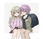  1boy 1girl aged_down ap5ry backpack bag black_shirt black_skirt blue_bag blue_eyes brown_pants closed_mouth green_hair green_jacket jacket kamishiro_rui kusanagi_nene long_hair long_sleeves low_twintails multicolored_hair pants project_sekai purple_eyes purple_hair purple_jacket shirt simple_background sitting skirt smile socks streaked_hair twintails very_long_hair white_background white_shirt white_socks 