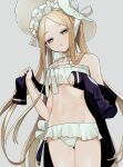 1girl abigail_williams_(fate) abigail_williams_(swimsuit_foreigner)_(fate) abigail_williams_(swimsuit_foreigner)_(third_ascension)_(fate) bare_shoulders bikini black_jacket blonde_hair blue_eyes bonnet bow breasts fate/grand_order fate_(series) forehead hair_bow highres jacket long_hair long_sleeves looking_at_viewer miniskirt navel off_shoulder open_clothes open_jacket parted_bangs parted_lips sidelocks skirt small_breasts solo sumi_(gfgf_045) swimsuit thighs twintails very_long_hair white_bikini white_bow white_headwear 