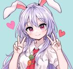  1girl ama-tou animal_ears blush carrot_pin collared_shirt fingernails hands_up heart light_purple_hair light_smile long_hair looking_at_viewer nail nail_polish necktie puffy_short_sleeves puffy_sleeves purple_eyes rabbit_ears rabbit_girl red_necktie reisen_udongein_inaba shirt short_sleeves simple_background solo touhou v white_shirt 