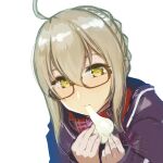  1girl ahoge artoria_pendragon_(fate) blonde_hair braid brown-framed_eyewear closed_mouth crown_braid eating fate/grand_order fate_(series) food food_in_mouth hair_between_eyes holding holding_food hood hoodie mochi mysterious_heroine_x_alter_(fate) nonderi red_scarf scarf semi-rimless_eyewear simple_background solo upper_body white_background yellow_eyes 