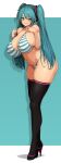  1girl absurdres alternate_breast_size arm_tattoo bikini black_footwear blue_background blue_eyes blue_hair blush boots border breasts cleavage collarbone hand_on_own_chest hatsune_miku high_heel_boots high_heels highres large_breasts leaning_forward long_hair long_legs looking_at_viewer makino_momiji_(artist) navel outside_border shadow skindentation smile solo striped striped_bikini swimsuit tattoo thigh_boots twintails very_long_hair vocaloid white_border 