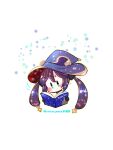  absurdres arikuigames1105 blue_eyes blue_headwear book chibi furrowed_brow genshin_impact hat highres holding holding_book long_hair mona_(genshin_impact) no_mouth purple_hair simple_background starry_hair witch_hat 