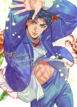  1boy abs arms_up blue_eyes blue_hair blue_jacket blue_pants bow bowtie commentary_request flower happy_birthday highres jacket jojo_no_kimyou_na_bouken jonathan_joestar long_sleeves looking_at_viewer male_focus muscular muscular_male navel official_alternate_costume pants phantom_blood red_bow red_bowtie red_flower shirt short_hair smile solo takashi_(huzakenna) unbuttoned unbuttoned_shirt white_shirt 