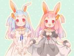  2girls alternate_costume animal_ears black_bloomers black_dress bloomers blue_background blue_hair blue_ribbon blush carrot_hair_ornament chipochopo324 closed_mouth commentary curtsey dress food-themed_hair_ornament hair_ornament kemonomimi_mode kotonoha_akane kotonoha_aoi long_hair looking_at_viewer low_tied_sidelocks multiple_girls neck_ribbon one_side_up open_mouth outline pink_hair pom_pom_(clothes) puffy_short_sleeves puffy_sleeves rabbit_ears red_eyes red_ribbon ribbon see-through see-through_dress short_sleeves siblings side-by-side sidelocks sisters skirt_hold smile sparkle_background symbol-only_commentary underwear v_arms voiceroid whiskers white_bloomers white_dress yellow_outline 