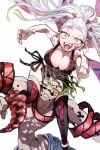  1boy 1girl black_hair black_thighhighs breasts brother_and_sister carrying cleavage colored_sclera daki_(kimetsu_no_yaiba) demon_boy demon_girl facial_tattoo fangs fingernails green_eyes green_hair gyuutarou_(kimetsu_no_yaiba) highres kimetsu_no_yaiba large_breasts long_hair looking_at_viewer mihashi_(re4_glo) multicolored_hair narrow_waist one_eye_closed open_mouth panties pointing pointing_at_viewer red_nails sharp_fingernails sharp_teeth shoulder_carry siblings side-tie_panties tattoo teeth thighhighs two-tone_hair underwear very_long_hair white_background white_hair yellow_sclera 