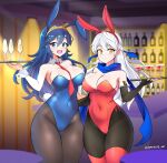  2girls :d absurdres adapted_costume alternate_breast_size alternate_costume animal_ears bar_(place) bare_shoulders black_gloves blue_eyes blue_hair blue_leotard blue_scarf blurry blurry_background breasts brown_pantyhose cleavage closed_mouth covered_navel cup depth_of_field detached_collar dress drinking_glass elbow_gloves fake_animal_ears fingerless_gloves fire_emblem fire_emblem:_radiant_dawn fire_emblem_awakening gloves grey_hair hair_ribbon half_updo highleg highleg_leotard highres holding holding_tray indoors jarckius large_breasts leotard long_hair looking_at_viewer lucina_(fire_emblem) micaiah_(fire_emblem) multiple_girls necktie open_mouth pantyhose playboy_bunny rabbit_ears red_leotard red_thighhighs ribbon scarf sleeveless sleeveless_dress smile standing strapless strapless_leotard thick_thighs thighhighs thighs tiara tray twitter_username waitress wrist_cuffs yellow_eyes 