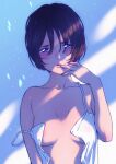  1girl areola_slip blue_eyes blush bob_cut breasts brown_hair commentary_request dress hand_to_own_mouth hand_up highres looking_at_viewer medium_breasts no_bra open_clothes open_dress original parted_lips solo strap_slip tanakomu unbuttoned upper_body white_dress 