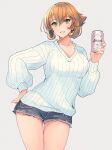  1girl breasts brown_hair can casual collarbone denim denim_shorts flipped_hair green_eyes grin hand_on_own_hip highres holding holding_can kantai_collection kasumi_(skchkko) large_breasts looking_at_viewer mutsu_(kancolle) short_hair shorts simple_background smile solo sweater white_background white_sweater 
