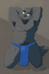  anthro armpit_hair body_hair bulge canid canine canis cheese12367 chest_hair clothed clothing heterochromia hi_res male mammal muscular pubes raised_arm simple_background solo wolf 