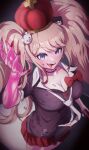  1girl :d absurdres arm_up bear_hair_ornament black_choker black_necktie blonde_hair blood blue_eyes bow breasts choker cleavage collarbone crown danganronpa:_trigger_happy_havoc danganronpa_(series) enoshima_junko fang from_above game_over hair_ornament highres kaiju_ryoku large_breasts long_hair looking_at_viewer miniskirt nail_polish necktie pink_blood pink_eyes plaid plaid_skirt red_nails red_skirt shirt skirt smile solo swept_bangs tongue tongue_out twintails two-tone_necktie white_necktie 
