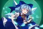  1girl :d artist_name blue_dress blue_eyes blue_hair blue_ribbon cirno dress fairy flower hair_between_eyes hair_ribbon index_finger_raised one_eye_closed plant red_ribbon ribbon short_hair short_sleeves smile solo sunflower tojorin touhou upper_body vines white_sleeves wings 