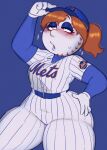  2023 averrbaverr ball baseball_(ball) baseball_cap baseball_uniform blue_background blue_eyeshadow blush brown_hair clothing eyeshadow female for_a_head gloves hair handwear hat headgear headwear hi_res humanoid makeup mascot mlb mrs._met new_york_mets not_furry object_head simple_background solo sportswear thick_thighs uniform wide_hips 