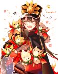  animal black_cape black_gloves cape dog family_crest fate/grand_order fate_(series) gloves hat hi_(wshw5728) highres holding holding_animal holding_dog long_hair military_hat multiple_dogs oda_nobukatsu_(fate) oda_uri open_mouth otoko_no_ko peaked_cap red_shirt shirt simple_background teeth upper_body upper_teeth_only white_background 