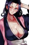  1girl arm_at_side arm_up black_hair bleach blush breasts cleavage cosplay eyelashes green_eyes haori highres japanese_clothes large_breasts lips long_hair long_sleeves looking_at_viewer matsumoto_rangiku matsumoto_rangiku_(cosplay) nico_robin one_eye_closed one_piece parted_lips plunging_neckline simple_background smile solo taichou_haori upper_body vcais white_background 