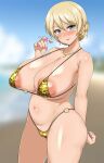  1girl :p absurdres animal_print areola_slip bikini blonde_hair blue_eyes blush braid breasts candy cleavage darjeeling_(girls_und_panzer) earrings food girls_und_panzer highres jewelry large_areolae large_breasts leopard_print lollipop looking_at_viewer micro_bikini navel necklace pink_nails pussy_juice saliva saliva_trail short_hair smile solo sweat swimsuit tavor_(m_tavor) tongue tongue_out 