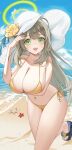  1girl bare_arms bare_legs bare_shoulders beach bikini blue_archive blue_ribbon blush breasts cleavage collarbone flower green_eyes green_halo halo hat hat_flower hat_ribbon highres jorim large_breasts light_brown_hair long_hair looking_at_viewer navel nonomi_(blue_archive) nonomi_(swimsuit)_(blue_archive) ocean official_alternate_costume open_mouth ribbon sandals smile solo swimsuit white_headwear yellow_bikini yellow_flower 