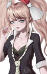  1girl :d absurdres animal_print bear_print black_bra black_shirt bow bra breasts cleavage collarbone cosplay danganronpa:_trigger_happy_havoc danganronpa_(series) enoshima_junko enoshima_junko_(cosplay) fingernails grey_eyes hair_bow hair_ornament hand_up highres ikusaba_mukuro keke_(akuringo731) long_hair lower_teeth_only nail_polish necktie print_necktie rabbit_hair_ornament red_nails sharp_fingernails shiny_skin shirt short_sleeves simple_background small_breasts smile teeth tongue twintails underwear upper_body white_background white_necktie 