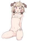  1girl :d ahoge animal_ears arms_behind_back bikini black_bow blush bow brown_eyes brown_hair commentary_request dog_ears dog_girl eyepatch_bikini fangs flat_chest full_body hair_bow hair_ornament hairclip highres kneeling looking_at_viewer medium_bangs medium_hair multicolored_hair nanashi_inc. open_mouth red_hair seshima_rui simple_background smile solo streaked_hair swimsuit tomatojam two-tone_hair virtual_youtuber white_background white_bikini x_hair_ornament 