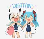  2girls :d ^_^ aqua_eyes bare_arms bare_shoulders blue_hair blue_one-piece_swimsuit blush bracelet braid breasts casual_one-piece_swimsuit chibi closed_eyes digitan digitan_(porforever) fang grey_background hair_between_eyes hair_ribbon happy headphones highres jewelry long_hair looking_at_viewer multiple_girls old_school_swimsuit one-piece_swimsuit open_mouth original porforever power_symbol red_ribbon ribbon school_swimsuit simple_background small_breasts smile snail swimsuit tail thighhighs twin_braids twintails white_hair white_thighhighs 