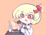  1girl black_vest blonde_hair blush carrot chahan_(fried_rice0614) collared_shirt drooling food fork frilled_shirt_collar frills hair_ribbon hands_up holding holding_fork holding_knife knife long_sleeves looking_at_object meat mouth_drool necktie open_mouth orange_background red_eyes red_necktie red_ribbon ribbon rumia shirt short_hair simple_background solo sparkling_eyes steak steam steaming_food table touhou vest white_shirt 