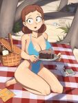  1girl baguette barleyshake basket blue_one-piece_swimsuit bread breasts brown_hair bucket cake cake_slice chocolate_cake covered_navel cup food fork full_body game_boy handheld_game_console highres holding holding_plate large_breasts leaf liane_cartman milk napkin one-piece_swimsuit plate red_lips shadow signature sitting solo south_park swimsuit tree 
