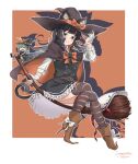  2girls absurdres adapted_costume animal_ears asashio_(kancolle) asashio_kai_ni_(kancolle) black_dress black_hair black_headwear blue_eyes boots broom broom_riding brown_footwear cat_ears cat_tail dated dress dress_shirt full_body halloween halloween_costume hamanami_(kancolle) hat high_heels highres kantai_collection long_hair long_sleeves mini_person minigirl multiple_girls official_alternate_costume orange_background pinafore_dress sagoromo_04 shirt signature sleeveless sleeveless_dress solo_focus striped striped_thighhighs tail thighhighs two-tone_background white_shirt witch_hat 