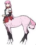  1girl aqua_ribbon black_sleeves blunt_bangs braid centaur closed_mouth commentary_request full_body horse_tail kamihama_university_affiliated_school_uniform layered_sleeves long_hair long_sleeves looking_at_viewer magia_record:_mahou_shoujo_madoka_magica_gaiden mahou_shoujo_madoka_magica monster_girl monsterification multiple_legs neck_ribbon niunai_chuan_nainiu pink_eyes pink_hair red_sailor_collar red_skirt ribbon sailor_collar sailor_shirt school_uniform shirt short_over_long_sleeves short_sleeves side_braids sidelocks simple_background skirt solo standing tail tamaki_iroha taur white_background white_shirt 