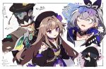  2boys 2girls beanie black_bow black_headwear blade_(honkai:_star_rail) blue_choker blue_hair bow brown_coat brown_hair choker coat detached_sleeves doll_joints ear_piercing grey_eyes grey_hair hair_bow hair_intakes hat herta_(honkai:_star_rail) high_ponytail highres honkai:_star_rail honkai_(series) incognito jewelry joints key_necklace lock long_hair long_sleeves mask monocle mouth_mask multiple_boys multiple_girls necklace piercing purple_eyes screwllum_(honkai:_star_rail) shigetake_(buroira) sidelocks silver_wolf_(honkai:_star_rail) simple_background sunglasses sweat tassel very_long_hair white_background 