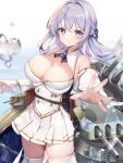  1girl azur_lane bare_shoulders blush braid breasts brooch buttons cleavage closed_mouth commentary_request commission cowboy_shot day detached_sleeves double-breasted french_braid gold_trim highres jewelry kakerayuri large_breasts light_purple_hair long_hair looking_at_viewer miniskirt outdoors pleated_skirt purple_eyes reaching reaching_towards_viewer rodney_(azur_lane) skeb_commission skirt smile solo thighhighs thighs turret v-shaped_eyebrows water white_skirt white_thighhighs zettai_ryouiki 