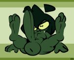  1-upclock abs amphibian anthro balls big_balls big_penis feet foot_fetish frog genitals green_background green_body green_hair hair hi_res horizontal_pupils huge_balls huge_penis male nerm_(1-upclock) penis pupils simple_background solo spread_legs spreading yellow_eyes 