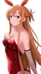  1girl animal_ears arm_between_breasts asuna_(sao) between_breasts breasts brown_eyes brown_hair collarbone fake_animal_ears hedgehog_(harinezumi) highres large_breasts long_hair playboy_bunny rabbit_ears simple_background smile solo sword_art_online very_long_hair white_background 