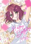  1girl arm_behind_head arm_up assault_lily blurry blurry_foreground breasts commentary_request confetti dated green_eyes grin hair_between_eyes hand_in_own_hair hand_up happy_birthday hatsukano_you highres jewelry kikikaikai_(kikikaikai_chan) light_particles long_bangs looking_at_viewer lying medium_breasts medium_hair necklace on_back parted_lips pendant red_hair shirt short_sleeves smile solo stuffed_animal stuffed_toy teddy_bear upper_body white_background white_shirt 