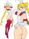  1girl absurdres alternate_costume animal_ears armpit_crease armpits arms_up ass bare_shoulders bishoujo_senshi_sailor_moon blonde_hair blue_eyes boots bow bowtie breasts cleavage detached_collar elbow_gloves fake_animal_ears fake_tail full_body gloves groin hand_on_own_face highres long_hair looking_at_viewer looking_back looking_to_the_side magical_girl medium_breasts playboy_bunny rabbit_tail red_bow red_bowtie red_footwear simple_background smile solo tail thigh_boots toshinoshin tsukino_usagi twintails white_background white_gloves 