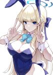  1girl absurdres animal_ears blonde_hair blue_archive blue_eyes blue_leotard bow bowtie breasts cleavage closed_mouth detached_collar double_w earpiece expressionless fake_animal_ears fake_tail gashitani hair_intakes hairband halo hands_up highres leotard long_hair looking_at_viewer medium_breasts microphone playboy_bunny rabbit_ears rabbit_tail solo tail toki_(blue_archive) toki_(bunny)_(blue_archive) upper_body very_long_hair w wrist_cuffs 