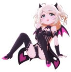  1girl ahoge alternate_hairstyle arm_support bare_shoulders bikini black_bikini black_collar black_hairband black_sleeves black_thighhighs blonde_hair blush bow claw_pose collar demon_horns demon_wings detached_collar detached_sleeves dot_nose e_sen_a1000 fake_horns fake_wings flat_chest full_body green_eyes hair_bow hairband hand_up highres horns idolmaster idolmaster_cinderella_girls idolmaster_cinderella_girls_starlight_stage idolmaster_starlit_season knees_up long_hair looking_at_viewer open_mouth simple_background sitting smile solo spread_legs swimsuit tail thighhighs twintails two_side_up white_background wings yusa_kozue 